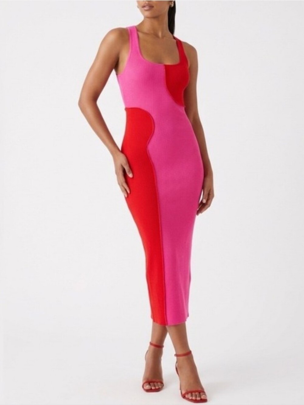 NWOT Naked Wardrobe Colorblock Ribbed Midi Dress S Pink Red Dopamine Bodycon